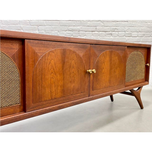 1960s Long + Low Mid Century Modern Walnut and Cane Credenza | Sculptural Kagan Style Wishbone Leg Sideboard, C. 1960's For Sale - Image 5 of 15