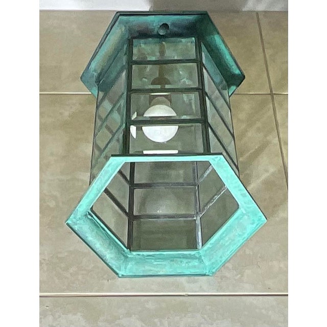 Metal Vintage Solid Brass Hexagonal Hanging Lantern – Verdigris Patina 20”h X 11”w For Sale - Image 7 of 12
