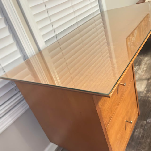 Brown Mid Century Modern Paul McCobb Writing Desk With Custom Glass Top and Original Chair- 3 Pieces For Sale - Image 8 of 11