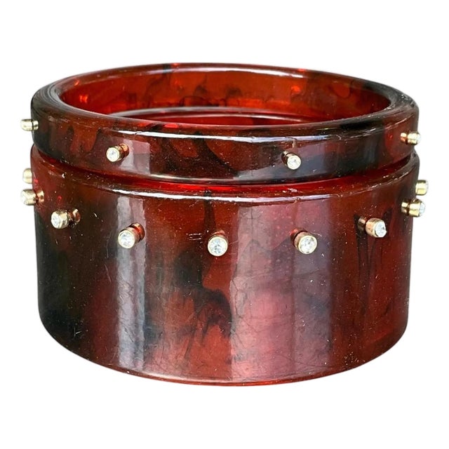 Vintage Tortoise Lucite Bangle With Rhinestones- A Set For Sale