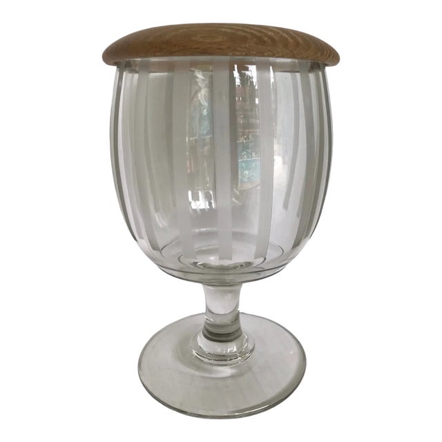 Large 1950s European Rustic Etched Glass Cover Vessel Goblet With Wooden Top For Sale