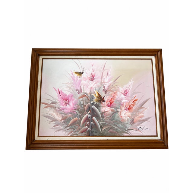 1990s Vintage Signed Pastel Floral & Butterfly Oil Painting in Wood Frame For Sale - Image 5 of 13