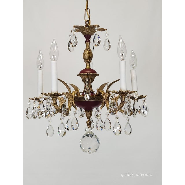 Brass Antique 5 Arm Petite Oxblood Empire Brass Cut Lead Glass Crystal Chandelier For Sale - Image 8 of 18
