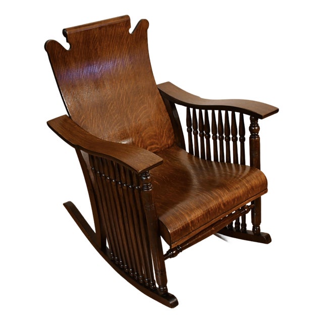 1900s Antique Mission Arts & Crafts Tiger Oak Wood Rocking Chair For Sale