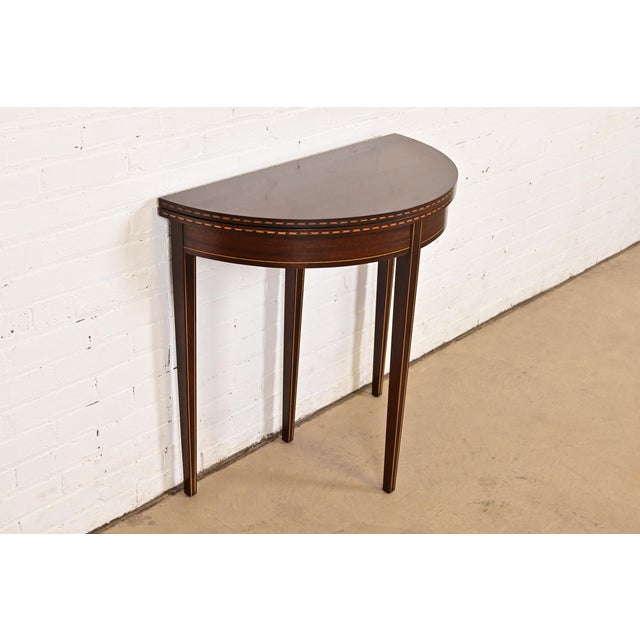 Baker Furniture Company Late 20th Century Baker Furniture Style Federal Inlaid Mahogany Flip Top Demilune Console Game Table For Sale - Image 4 of 14