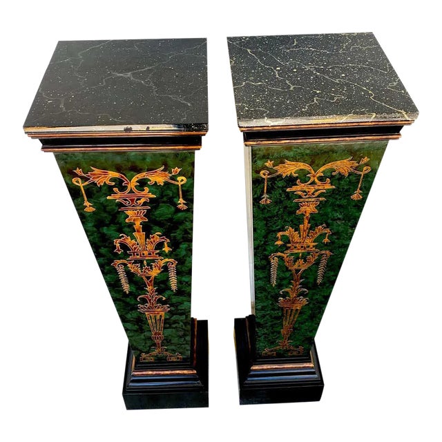 Mid 20th Century Neoclassical Faux Painted Green and Gilt Pedestals - a PAir For Sale