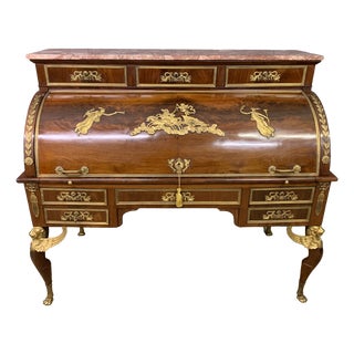 Large Antique French Empire Flame Mahogany Cylinder Desk, 1850 For Sale