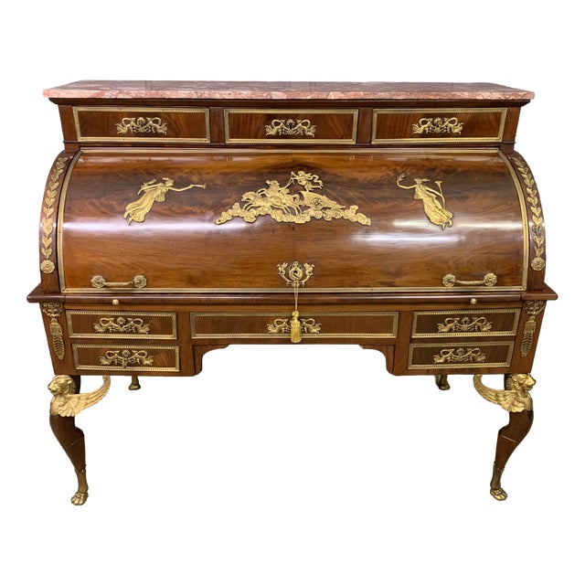 Large Antique French Empire Flame Mahogany Cylinder Desk, 1850 For Sale