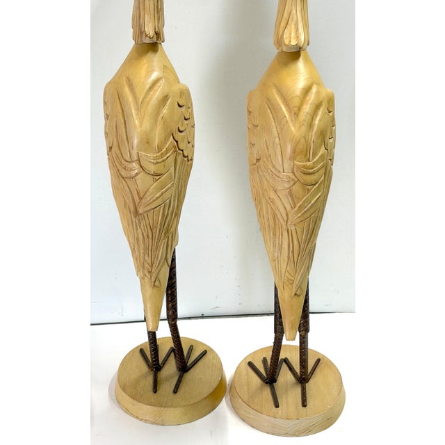 Metal Pair Italian Hollywood Regency Carved Wood, Brass & Iron Heron Sculptures, C1980 For Sale - Image 7 of 11