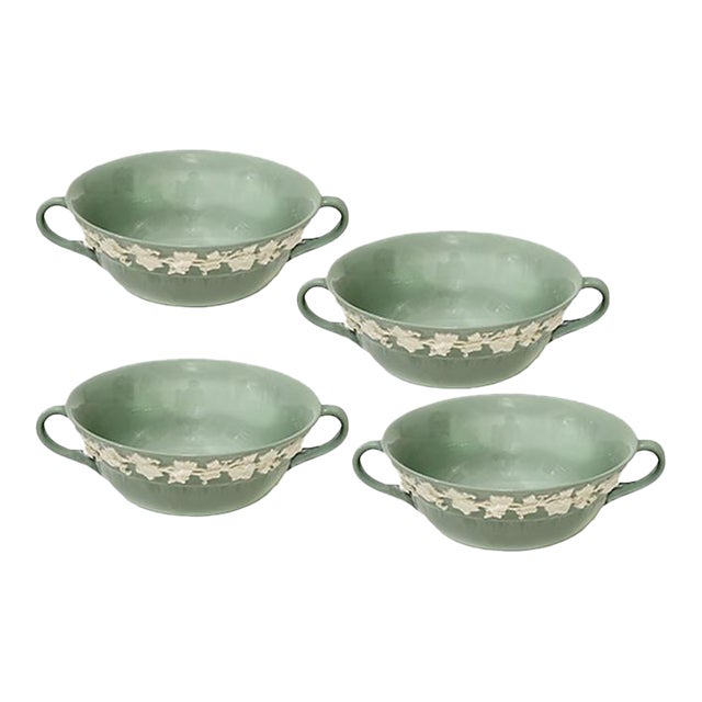 Wedgwood Queens Ware Flat Cream on Celadon Two Handle Cream Soup Bowl - Set of 4 For Sale