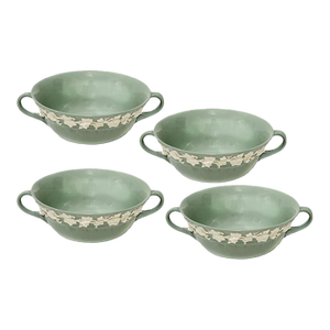 Wedgwood Queens Ware Flat Cream on Celadon Two Handle Cream Soup Bowl - Set of 4
