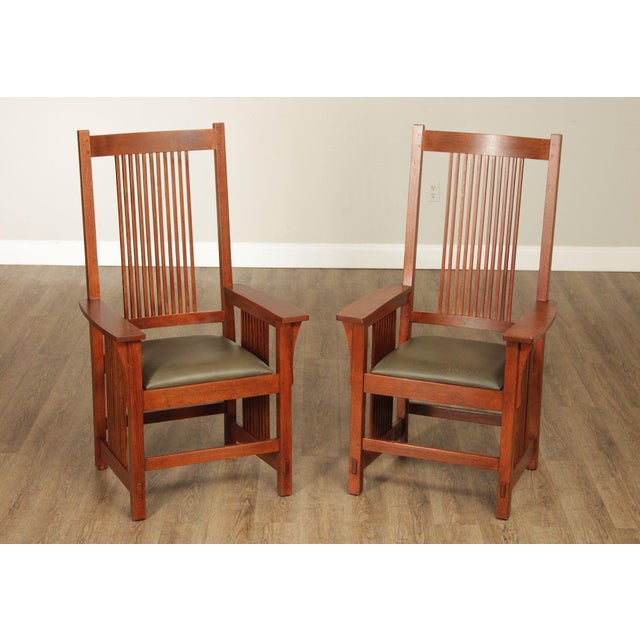 High Quality American Made Pair of Oak Armchairs with Leather Upholstered Seats and Spindle Arms and Backrest, 32 Onondaga...