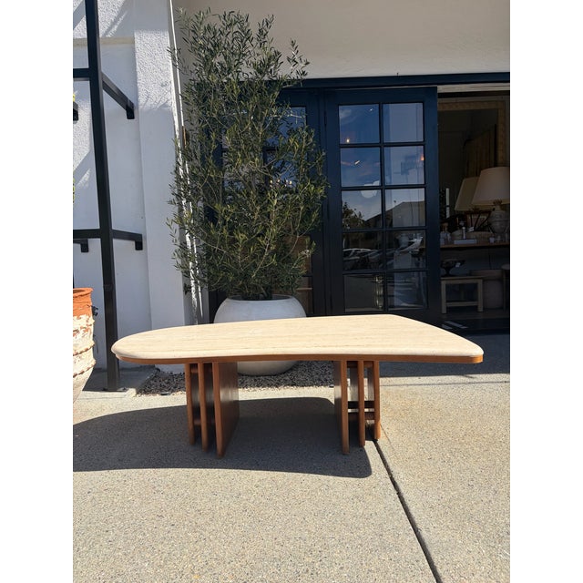 Mid Century Travertine Top Coffee Table With Sculptural Teak Wood Base For Sale - Image 9 of 13