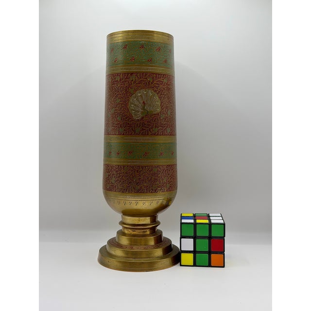 Late 20th Century Vintage Indian Brass Peacock Vase, Etched Enamel Floral Vessel For Sale - Image 5 of 7
