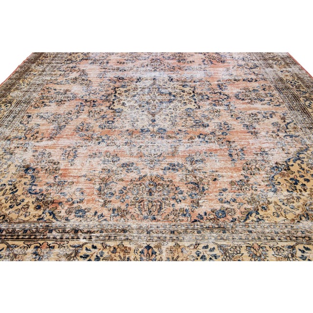 Persian Peach Vintage Persian Handmade Geometric Wool Rug For Sale - Image 3 of 7