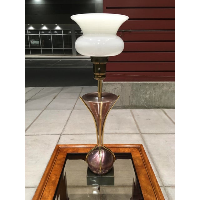 Amethyst Sculptural Purple Tulip Table Torchiere With Milk Glass Diffuser Manner of Gerald Thurston for Lightolier For Sale - Image 8 of 13