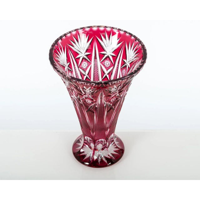 Contemporary Mid Century Crystal Cut Cranberry Vase For Sale - Image 3 of 4
