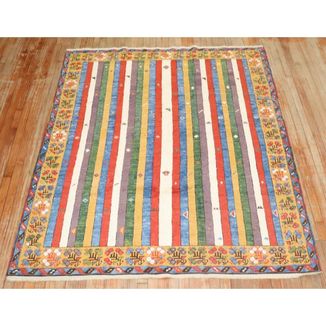 Boho Chic Vintage Zabihi Collection Inspired Striped Turkish Konya Square Rug For Sale - Image 3 of 9