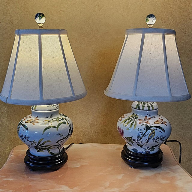 Chinoiserie Vintage Chinoiserie Porcelain Bird & Floral Table Lamps With Shades - a Pair For Sale - Image 3 of 18