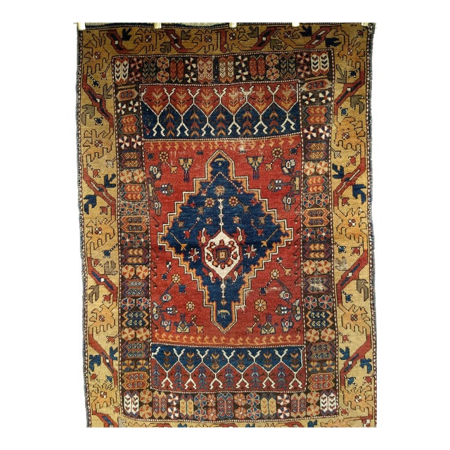 19th Century Handwoven Anatolian Village Area Rug, Wool, Red & Navy, 3' x 5' For Sale