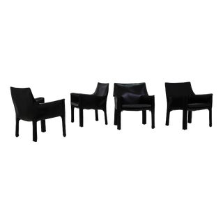 Vintage Italian Model Cab 413 Black Leather Armchairs by Mario Bellini for Cassina, 1977, Set of 4 For Sale
