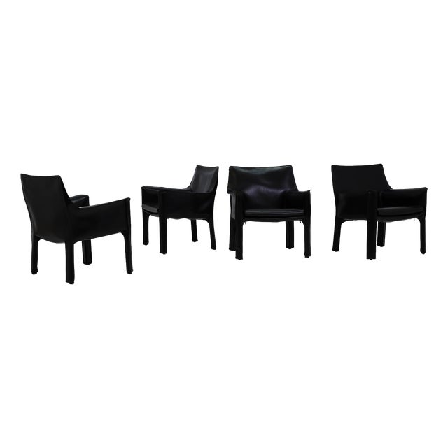 Vintage Italian Model Cab 413 Black Leather Armchairs by Mario Bellini for Cassina, 1977, Set of 4 For Sale