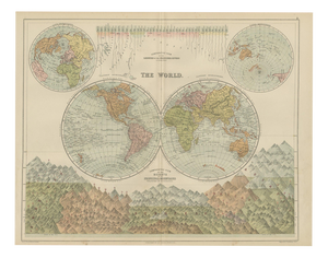 Antique Map of the World in Two Hemispheres with Rivers and Mountains, 1870