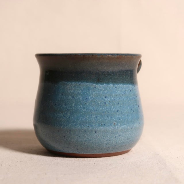 Handmade in Pennsylvania MudWorks Pottery Blue Stoneware Candle Holder With Sad Face For Sale - Image 10 of 11