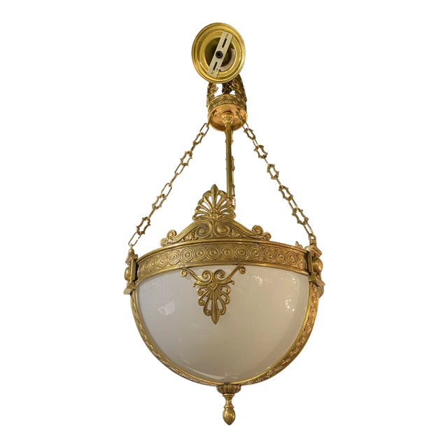 Opaline Glass Bronze Chandelier Light Fixtures For Sale