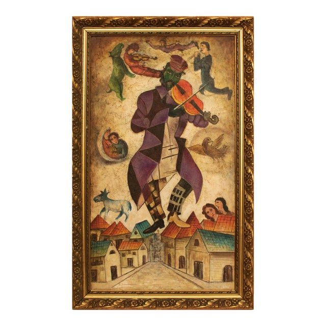 Homage to Chagall, Large Vintage Cubist Painting For Sale