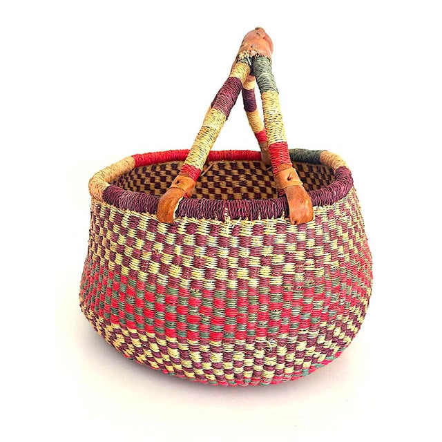 African African Bolga Grass Market Basket With Leather Handles For Sale - Image 3 of 8