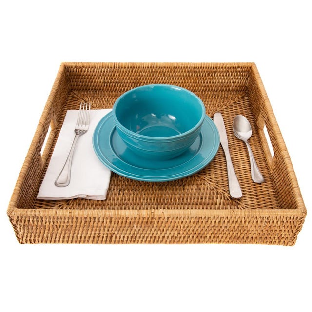 Artifacts Rattan Square Serving Tray with Cutout Handles in Honey Brown - 16" For Sale - Image 4 of 10