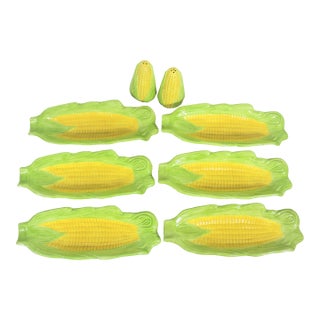 1970’s Vintage Ceramic Corn on the Cob Dishes With Salt and Pepper Shakers - 8 Pieces For Sale