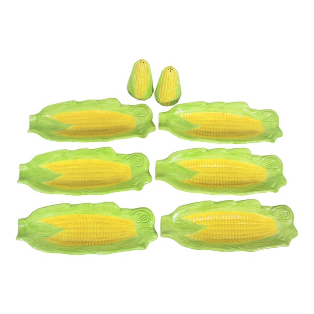 1970’s Vintage Ceramic Corn on the Cob Dishes With Salt and Pepper Shakers - 8 Pieces For Sale