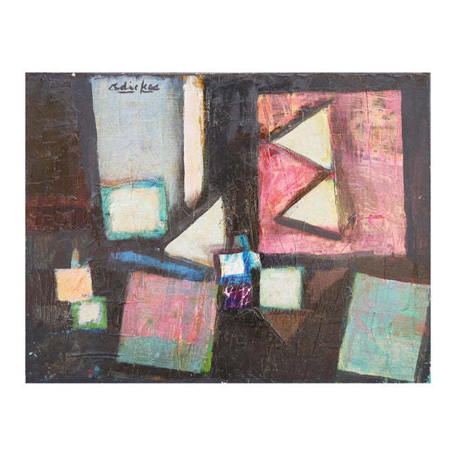 Modern abstract still life painting by Houston, TX artist David Adickes. The work features a colorful array of cubes and...