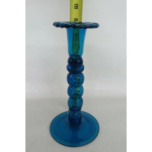 Mid-Century Modern Spindle Pillar Blue Glass Tall Single Candle Stick Holder with Wavy Rim For Sale - Image 3 of 11