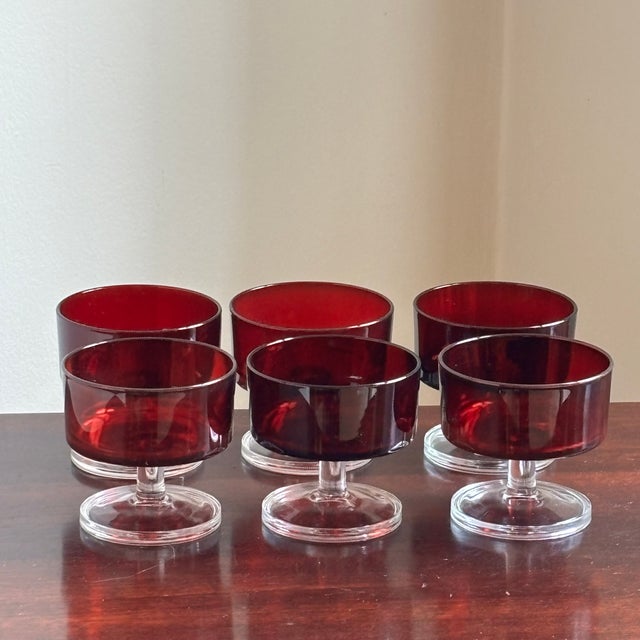 Mid-Century Modern Vintage French Luminarc Ruby Red Coupe Glasses — Set of 6 For Sale - Image 3 of 11