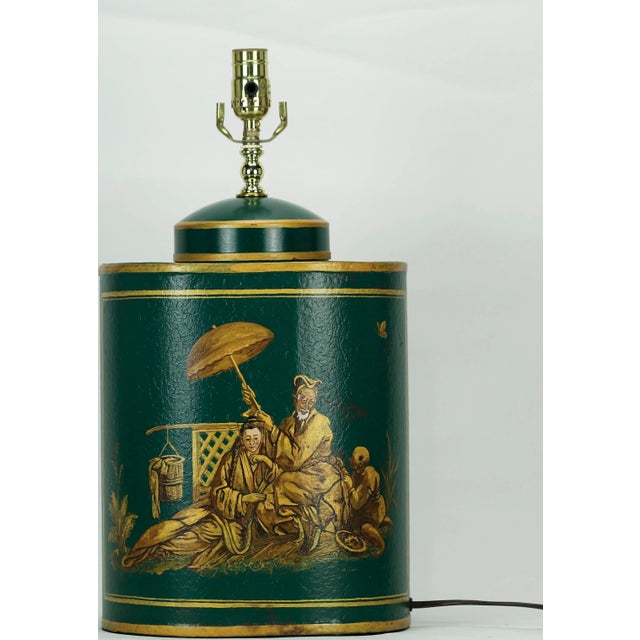 Vintage English Export Tea Caddy Hand-Painted Chinoiserie Figurines Table Lamp.Hand Drawn Table Lamp, Retro Table Lamp For Sale In New York - Image 6 of 9