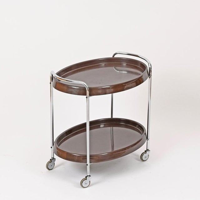 Mid-Century Italian Oval Bar Cart in Chrome and Brown ABS, 1970s For Sale - Image 11 of 14