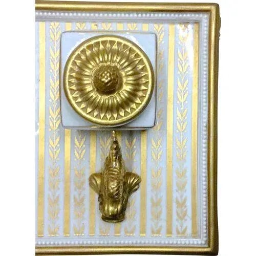 Gold Vintage Dolphin & Leaf Porcelain Double Inkwell For Sale - Image 8 of 11