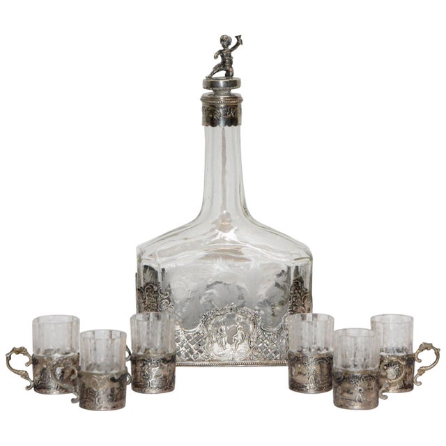 Silver and Engraved Crystal Decanter and Cordial Cups For Sale - Image 10 of 10