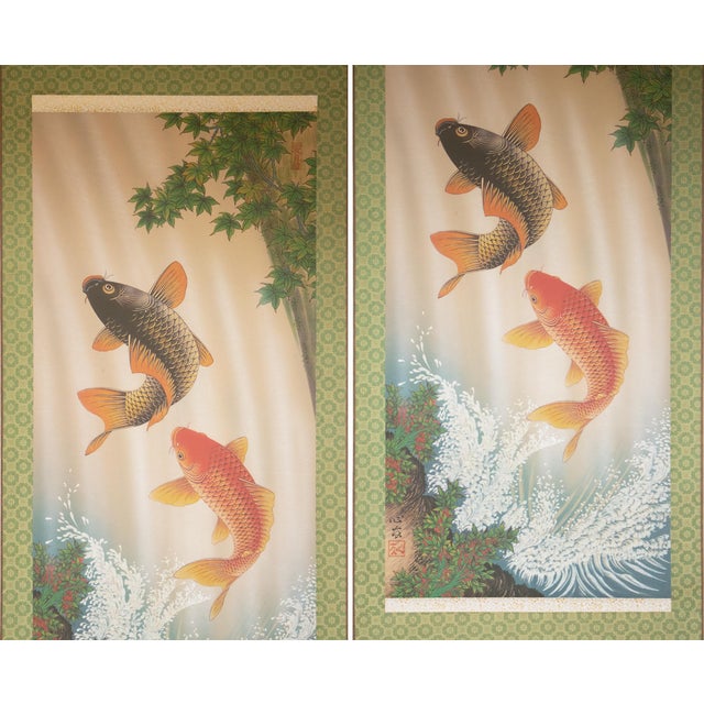 "Carps", After Shinyū, Heisei Era Printed Japanese Silk Scroll For Sale - Image 4 of 18