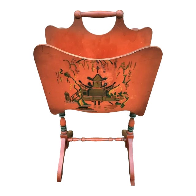 Vintage Chinoiserie Red Hand Painted Regency Pagoda Tall Magazine Rack Stand For Sale