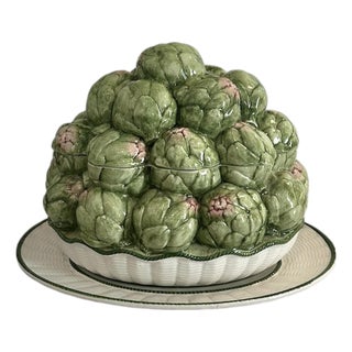 Vintage Neiman Marcus Hand Painted Italian Artichoke Large Ceramic Soup Tureen With Underplate & Ladle For Sale