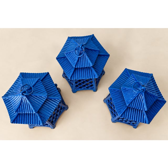 1970s Three Vintage Blue Chinoiserie Asian Cast Iron Pagoda Laterns - a Set For Sale - Image 5 of 9