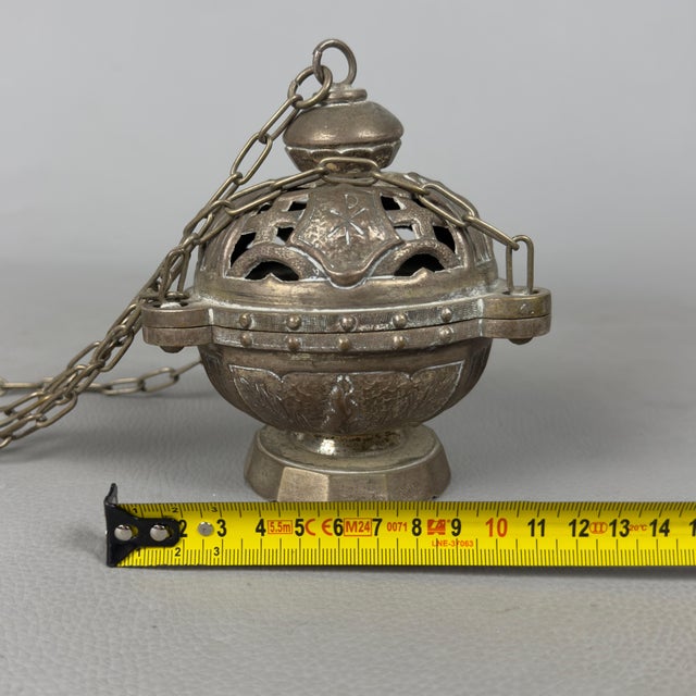 Antique Handcrafted Embossed Brass Thurible Sacred Censer, Early 1900s For Sale - Image 10 of 12