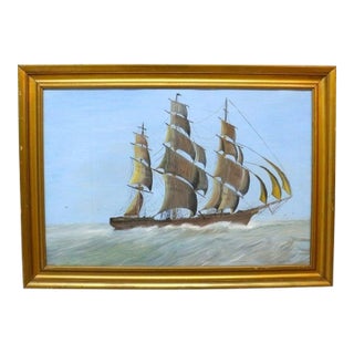 Watercolor Seascape Painting With Clipper Sailing Ship by James M. Maps C1920 For Sale