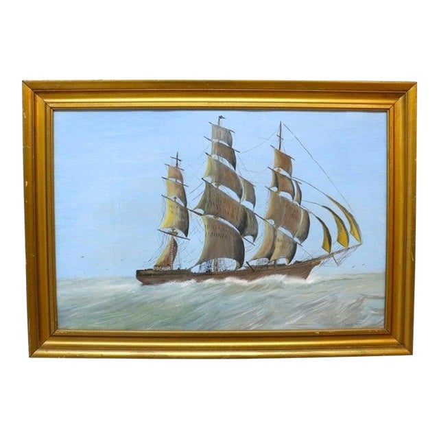 Watercolor Seascape Painting With Clipper Sailing Ship by James M. Maps C1920 For Sale