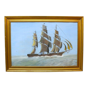 Watercolor Seascape Painting With Clipper Sailing Ship by James M. Maps C1920