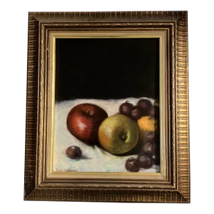 1970’s Original Still Life Painting Fruit on Cloth Framed Signed